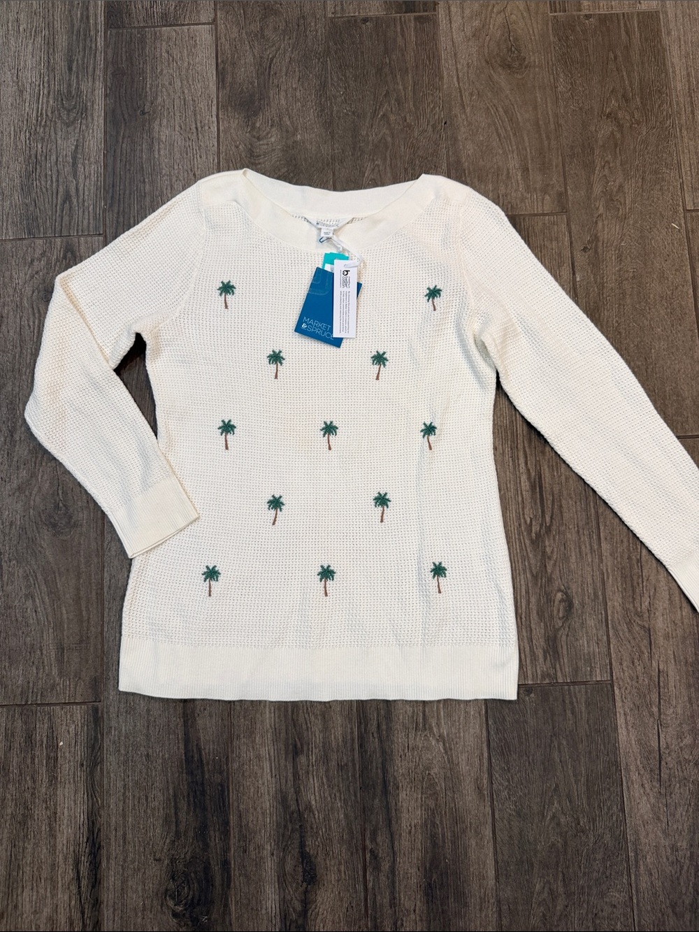 NWT Market & Spruce Cream Palm-Embroidered Knit Boatneck Sweater - Picture 2 of 6